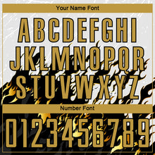 Load image into Gallery viewer, Custom White Old Gold-Black Flame Sublimation Soccer Uniform Jersey