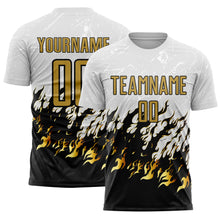 Load image into Gallery viewer, Custom White Old Gold-Black Flame Sublimation Soccer Uniform Jersey