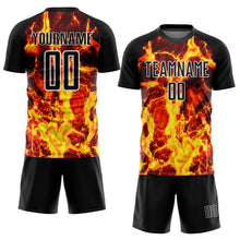 Load image into Gallery viewer, Custom Black Gold-White Flame Sublimation Soccer Uniform Jersey