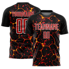 Load image into Gallery viewer, Custom Black Red-White Flame And Splash Sublimation Soccer Uniform Jersey