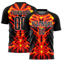 Load image into Gallery viewer, Custom Black Red-White Flame Sublimation Soccer Uniform Jersey