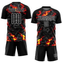 Load image into Gallery viewer, Custom Black Gray Red-Gold Flame Sublimation Soccer Uniform Jersey