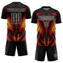 Load image into Gallery viewer, Custom Black Red-Gold Flame Sublimation Soccer Uniform Jersey