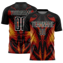 Load image into Gallery viewer, Custom Black Red-Gold Flame Sublimation Soccer Uniform Jersey