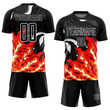 Load image into Gallery viewer, Custom Black Red-Orange Flame Sublimation Soccer Uniform Jersey