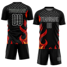 Load image into Gallery viewer, Custom Black Red-Gold Flame Sublimation Soccer Uniform Jersey