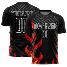 Load image into Gallery viewer, Custom Black Red-Gold Flame Sublimation Soccer Uniform Jersey