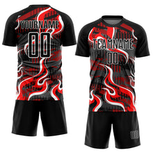 Load image into Gallery viewer, Custom Black Red-White Flame Sublimation Soccer Uniform Jersey