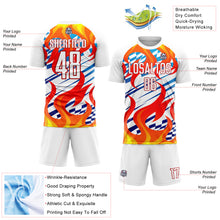 Load image into Gallery viewer, Custom White Red-Gold Flame Sublimation Soccer Uniform Jersey