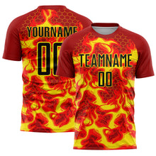 Load image into Gallery viewer, Custom Red Black-Light Yellow Flame Sublimation Soccer Uniform Jersey
