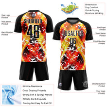 Load image into Gallery viewer, Custom Black Yellow-Red Flame Sublimation Soccer Uniform Jersey
