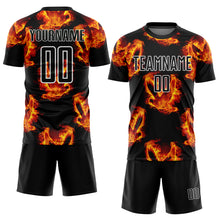 Load image into Gallery viewer, Custom Black Red-Gold Bird Flame Sublimation Soccer Uniform Jersey