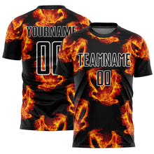 Load image into Gallery viewer, Custom Black Red-Gold Bird Flame Sublimation Soccer Uniform Jersey