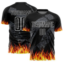 Load image into Gallery viewer, Custom Black Red-Gold Flame Sublimation Soccer Uniform Jersey