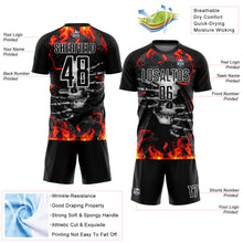 Load image into Gallery viewer, Custom Black Red-Gold Skull Flame Sublimation Soccer Uniform Jersey