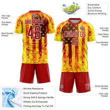 Load image into Gallery viewer, Custom Light Yellow Red-White American Flag Flame Sublimation Soccer Uniform Jersey