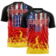 Load image into Gallery viewer, Custom Black Royal Red-Gold American Flag Flame Sublimation Soccer Uniform Jersey