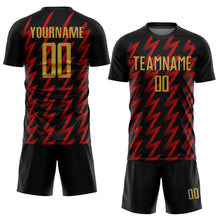 Load image into Gallery viewer, Custom Black Old Gold-Red Zigzag Shape Sublimation Soccer Uniform Jersey