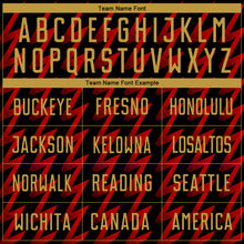 Load image into Gallery viewer, Custom Black Old Gold-Red Zigzag Shape Sublimation Soccer Uniform Jersey