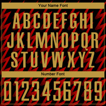 Load image into Gallery viewer, Custom Black Old Gold-Red Zigzag Shape Sublimation Soccer Uniform Jersey