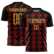 Load image into Gallery viewer, Custom Black Old Gold-Red Zigzag Shape Sublimation Soccer Uniform Jersey