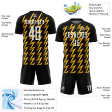 Load image into Gallery viewer, Custom Black White-Gold Zigzag Shape Sublimation Soccer Uniform Jersey