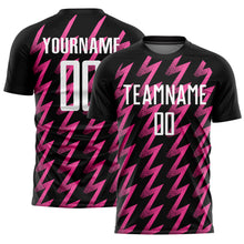 Load image into Gallery viewer, Custom Black White-Pink Zigzag Shape Sublimation Soccer Uniform Jersey