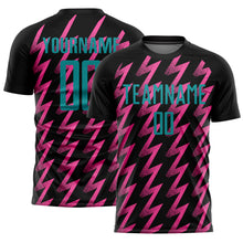 Load image into Gallery viewer, Custom Black Teal-Pink Zigzag Shape Sublimation Soccer Uniform Jersey
