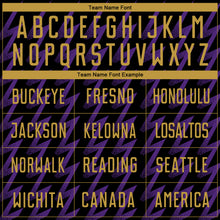 Load image into Gallery viewer, Custom Black Old Gold-Purple Zigzag Shape Sublimation Soccer Uniform Jersey