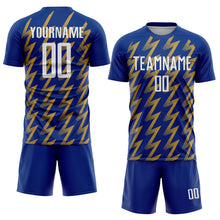 Load image into Gallery viewer, Custom Royal White-Old Gold Zigzag Shape Sublimation Soccer Uniform Jersey