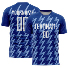 Load image into Gallery viewer, Custom Royal White-Light Blue Zigzag Shape Sublimation Soccer Uniform Jersey