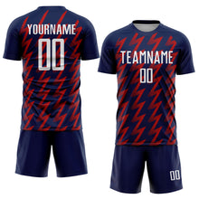 Load image into Gallery viewer, Custom Navy White-Red Zigzag Shape Sublimation Soccer Uniform Jersey