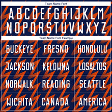 Load image into Gallery viewer, Custom Navy White-Orange Zigzag Shape Sublimation Soccer Uniform Jersey