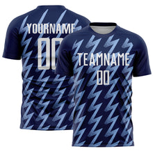 Load image into Gallery viewer, Custom Navy White-Light Blue Zigzag Shape Sublimation Soccer Uniform Jersey