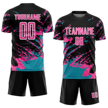 Load image into Gallery viewer, Custom Black Pink-Teal Abstract Fragment Art Splash Sublimation Soccer Uniform Jersey