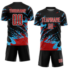Load image into Gallery viewer, Custom Black Red-Sky Blue Abstract Fragment Art Splash Sublimation Soccer Uniform Jersey