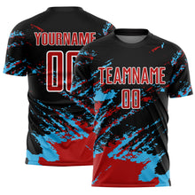 Load image into Gallery viewer, Custom Black Red-Sky Blue Abstract Fragment Art Splash Sublimation Soccer Uniform Jersey