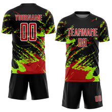 Load image into Gallery viewer, Custom Black Red-Neon Green Abstract Fragment Art Splash Sublimation Soccer Uniform Jersey