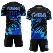 Load image into Gallery viewer, Custom Black Thunder Blue-Sky Blue Abstract Fragment Art Splash Sublimation Soccer Uniform Jersey