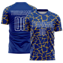 Load image into Gallery viewer, Custom Royal Old Gold-White Abstract Network Splash Sublimation Soccer Uniform Jersey