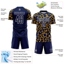 Load image into Gallery viewer, Custom Navy Gold-White Abstract Network Splash Sublimation Soccer Uniform Jersey