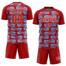 Load image into Gallery viewer, Custom Red Light Blue-White Line Sublimation Soccer Uniform Jersey