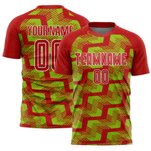 Load image into Gallery viewer, Custom Red Neon Green-White Line Sublimation Soccer Uniform Jersey