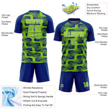 Load image into Gallery viewer, Custom Royal Neon Green-White Line Sublimation Soccer Uniform Jersey