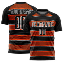 Load image into Gallery viewer, Custom Black Orange-White Geometric Shapes And Line Sublimation Soccer Uniform Jersey