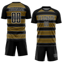 Load image into Gallery viewer, Custom Black Old Gold-White Geometric Shapes And Line Sublimation Soccer Uniform Jersey