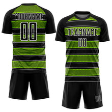 Load image into Gallery viewer, Custom Black Neon Green-White Geometric Shapes And Line Sublimation Soccer Uniform Jersey