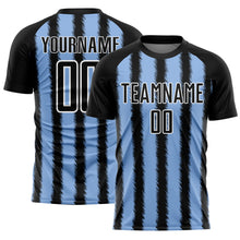 Load image into Gallery viewer, Custom Black Light Blue-White Line Sublimation Soccer Uniform Jersey