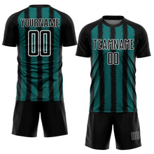 Load image into Gallery viewer, Custom Black Teal-White Line Sublimation Soccer Uniform Jersey