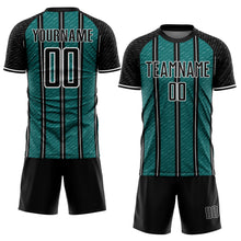 Load image into Gallery viewer, Custom Black Teal-White Line Sublimation Soccer Uniform Jersey